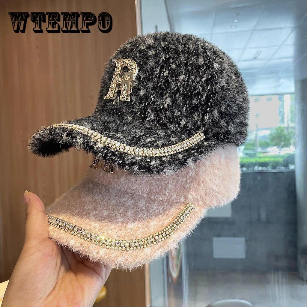 Women's Korean Autumn and Winter Rhinestone Letter Baseball Cap, Outdoor Autumn and Winter Plush Warm Duckbill Cap