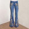 Yousheng Women Jeans Floral Embroidery Flared Leg Button Zipper Closure with Pockets Mid Waist Plus Size Long Trousers for Dating Daily Wear Commuting