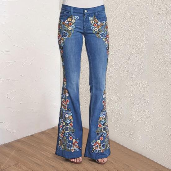 Yousheng Women Jeans Floral Embroidery Flared Leg Button Zipper Closure with Pockets Mid Waist Plus Size Long Trousers for Dating Daily Wear Commuting
