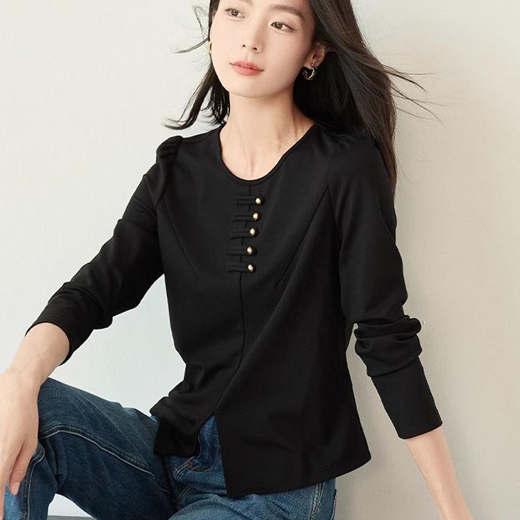 New Chinese Style Long-sleeved T-shirt for Spring New Women's Small Slit Loose Lazy Top