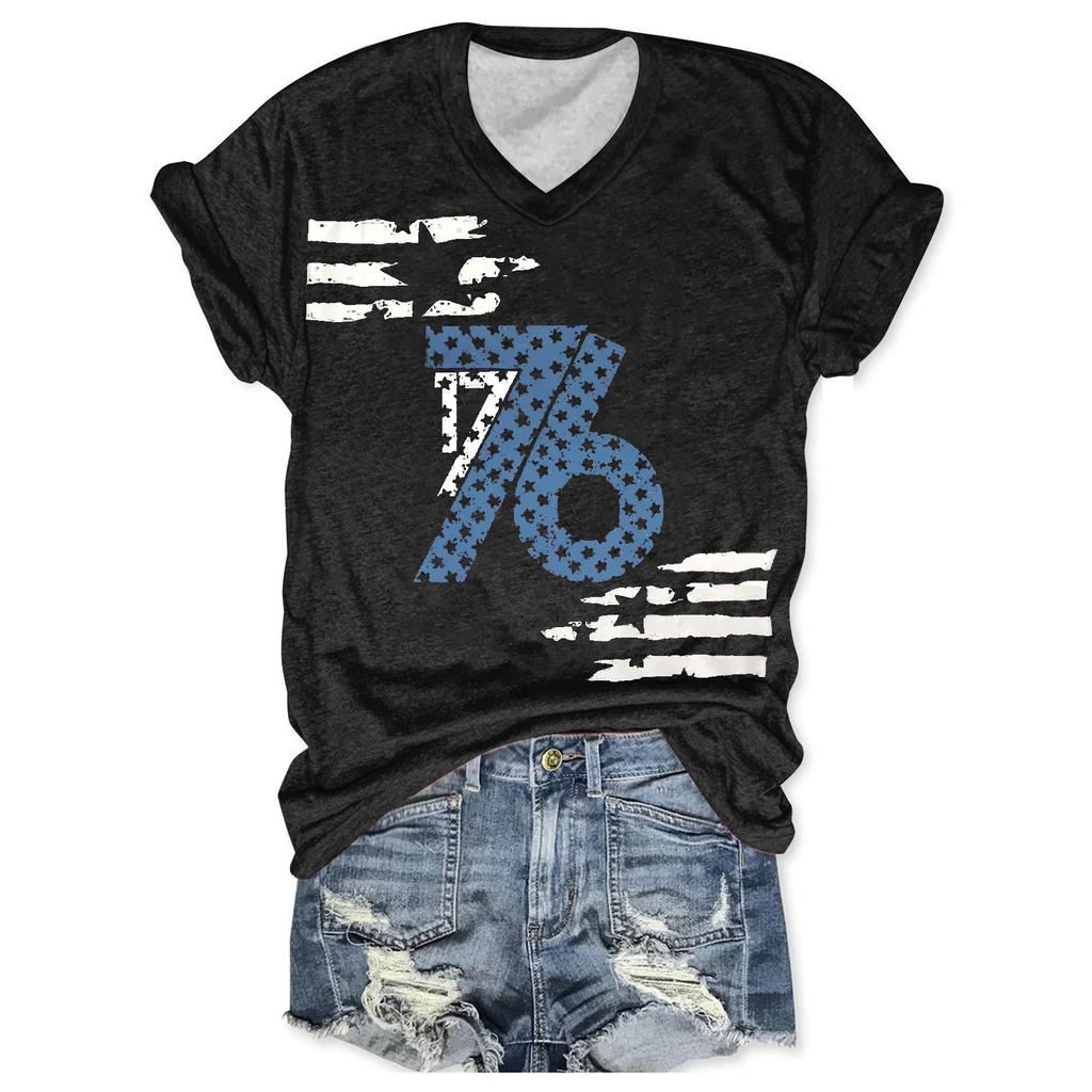 Женская футболка, повседневный свободный пуловер с v-образным вырезом и короткими рукавами с принтом