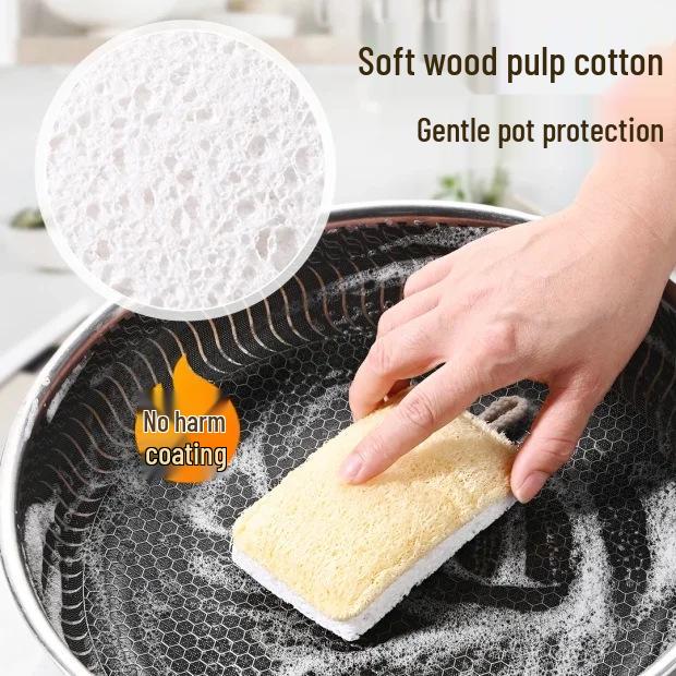 Newcomer Exclusive: Non-Stick Wood Pulp Cotton Loofah Scouring Pad - Double-Sided Kitchen Dishcloth