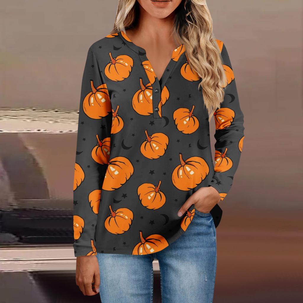 Women's Button Neck Tops Women's Casual Everyday Tops Long Sleeve V Neck Fashion Print Shirt Tops Pocket Tee Sweatshirts