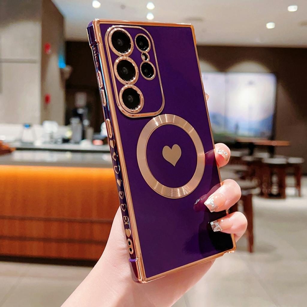 For Samsung Galaxy S26 Ultra Magnetic Case Electroplating Soft TPU Cover with Cute Love Heart