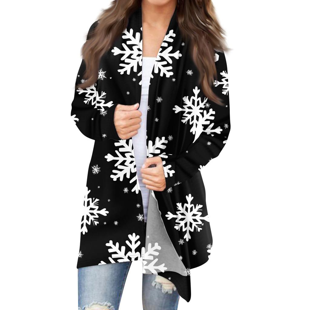 Women's Fashion Christmas Print Jacket Long Sleeve Casual Cardigan Coat
