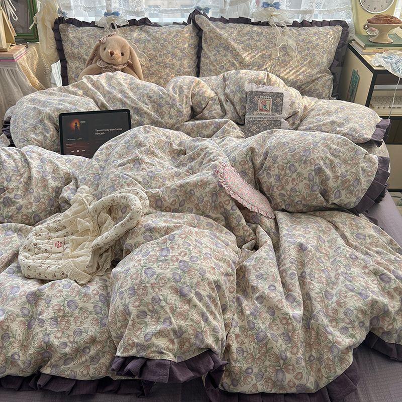 Class A Maternal Infant Grade Wrinkled Cloud Double-Layer Yarn Lace Quilt Cover, Bed Sheet 4-Pcs Set, Student Dormitory 3-Piece Set