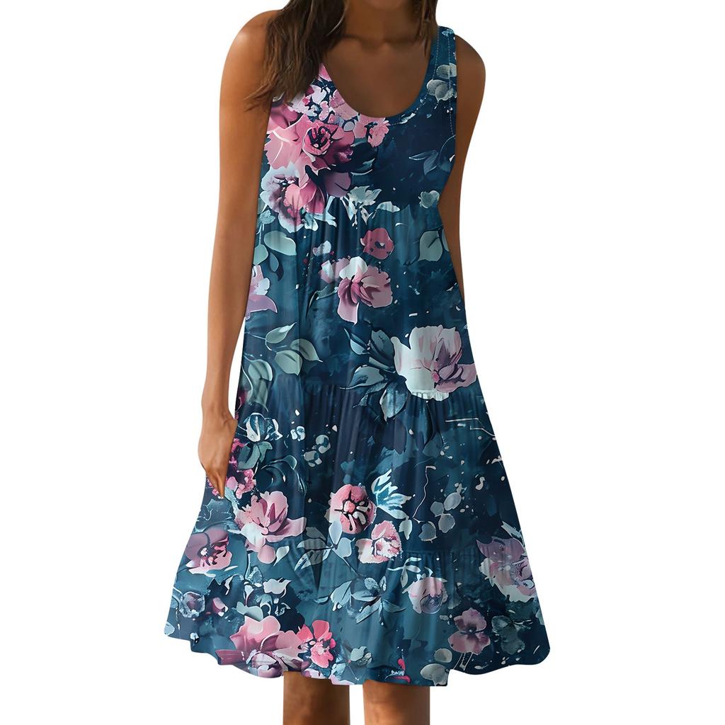 Hawaiian Dress For Women Summer Spring Pleated Bohemian Dresses Cute Sleeveless Flowing Beach Straight Tank Dresses Round Neck Dresses