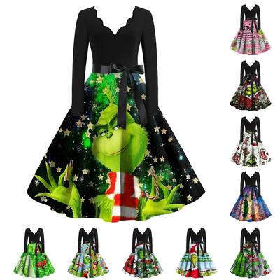 Женское облегающее платье свободного кроя с рождественским принтом, контрастной строчкой, V-образным вырезом и длинными рукавами