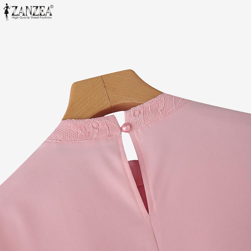 ZANZEA Женская повседневная блузка с круглым вырезом, рукавом 3/4 и кружевной вставкой