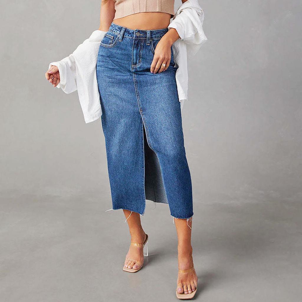 Women's Split Denim Skirt Women's High-waisted Washed A-line Skirt MIDI Skirt