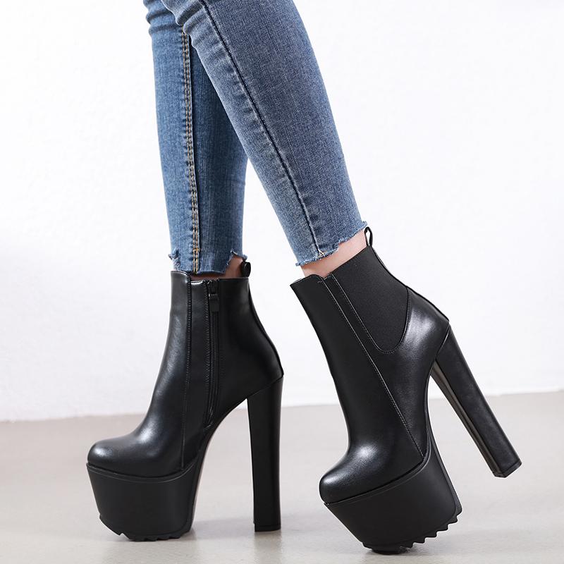 Women's Ankle Boots Thick Heels Women's Shoes 40 New 16CM High Heels Women's Ankle Boots Leather Spring and Winter