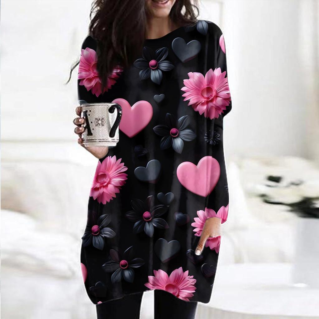 Женский модный повседневный топ с длинным рукавом и круглым вырезом ко Дню святого Валентина с принтом в виде сердца