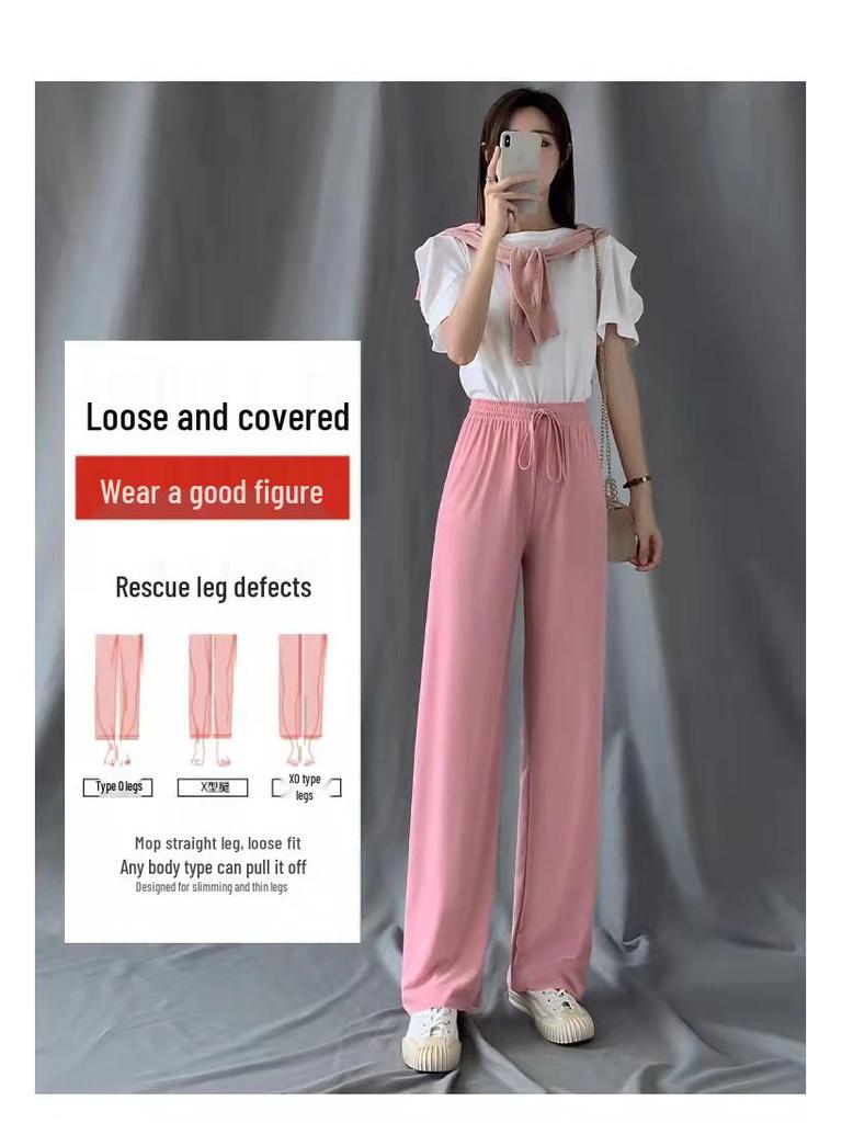 Женские брюки с высокой талией и широкими штанинами из ледяного шелка на весну/лето - Свободные, стройнящие, длиной до пола.