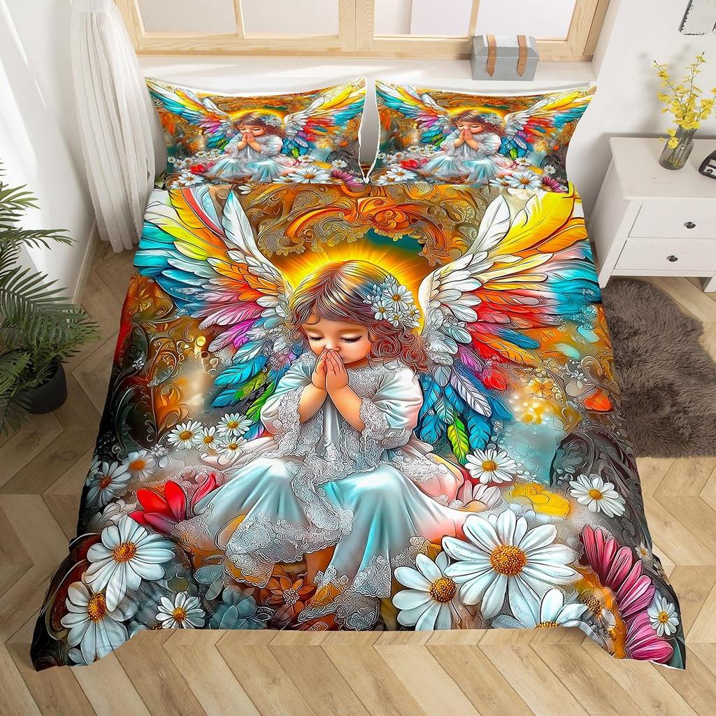 Angel Duvet Cover Set for Kids Queen Twin Size Quilt Covers Lightweight Down Room Decor 2 Pillowcases 1 Duvet Cover No Comforter