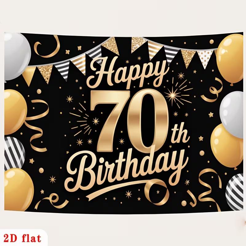 2D Happy 70th Birthday Backdrop Black Gold Ribbon Party Decoration