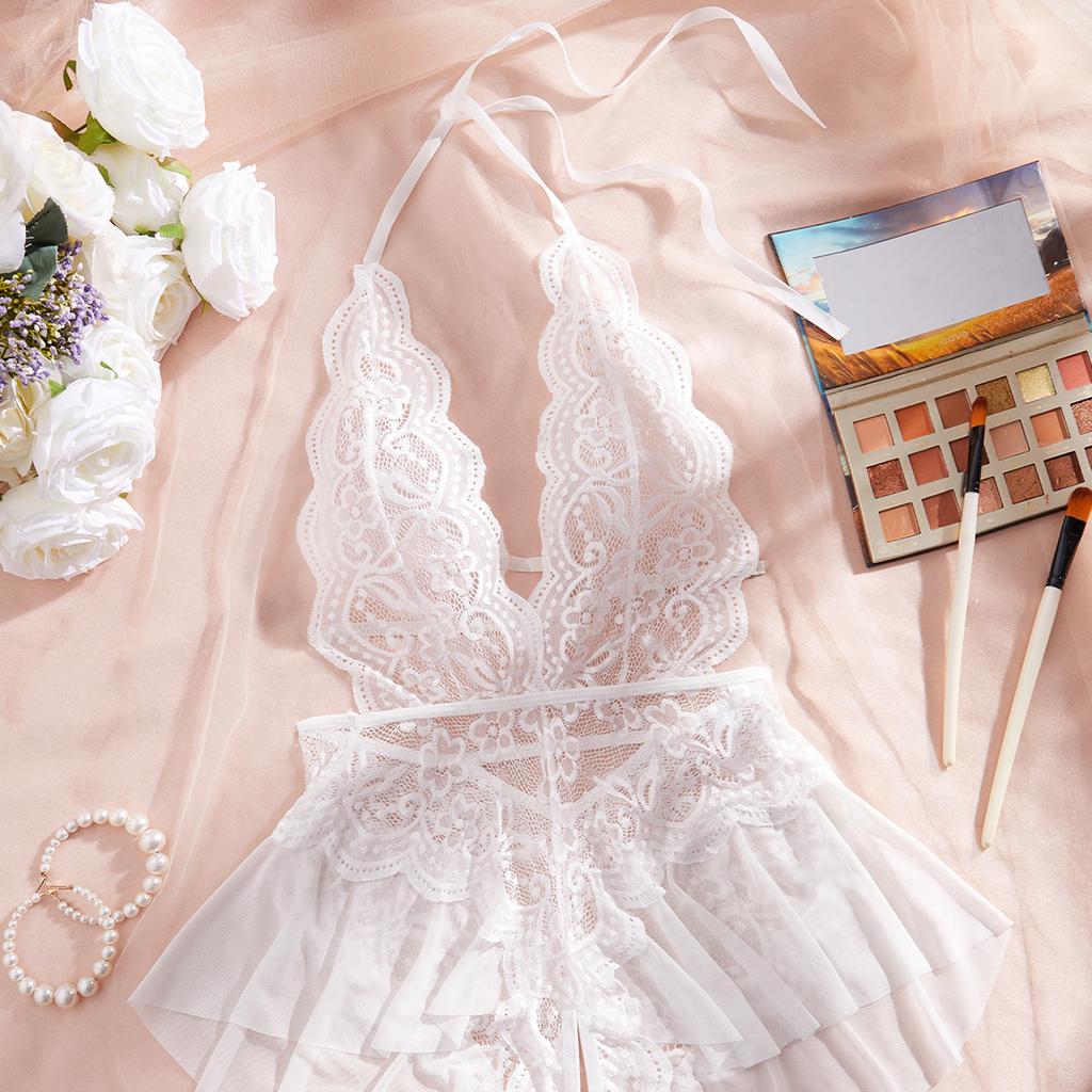 Summer Adult Women's Fashionable Lingerie Lace Sexy Spicy Girl Print Pattern Suspender White Unobstructed See Through Jumpsuit