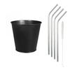 Black Metal Cup Ø 13 X 12 Cm + 4 Stainless Steel Straws