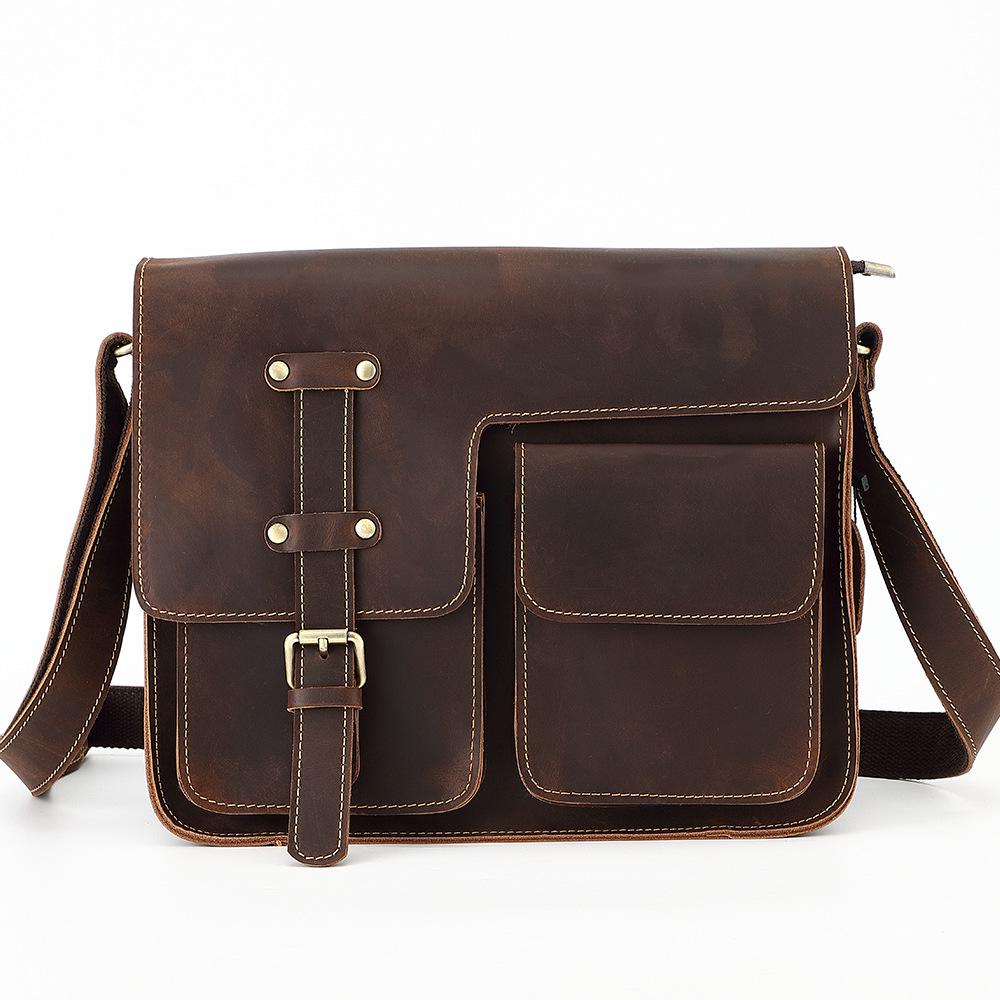 Men's Crazy Horse Leather Crossbody Bag - Genuine Leather Messenger & Multifunctional Computer Briefcase