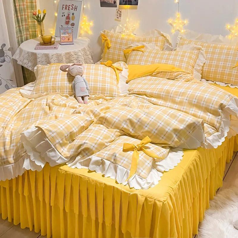 4pcs/set Cute Brushed Double Layer Lace Bed Skirt Bow Bedspread Bed Sheet Bedding Set Korean Version Girl Quilt Cover Four Piece Set