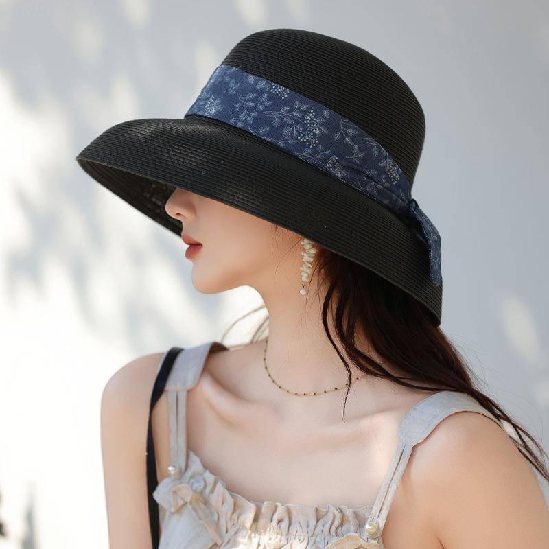 Шляпа Женская Ленточная Шляпа из Соломы Рафии с Широкими Полями Солнцезащитная Шляпа Летняя Солнечная Шляпа Чувство Стиля