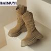 Женские полусапожки на плоской подошве, брендовая обувь 2025 года, модные высокие сапоги из плиссированной замши, зимние повседневные ботинки для ходьбы, женские ботинки