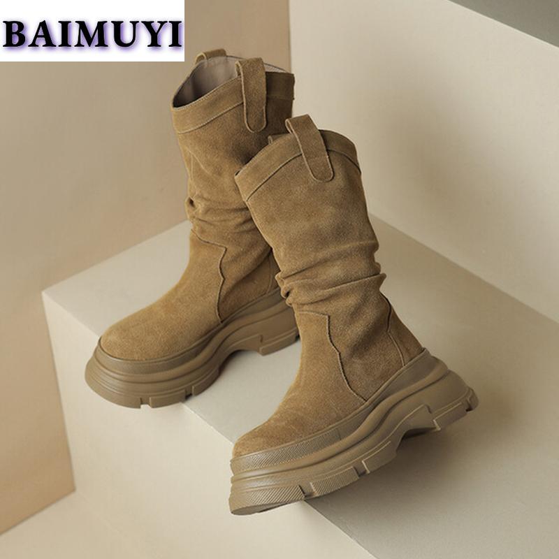 Женские полусапожки на плоской подошве, брендовая обувь 2025 года, модные высокие сапоги из плиссированной замши, зимние повседневные ботинки для ходьбы, женские ботинки