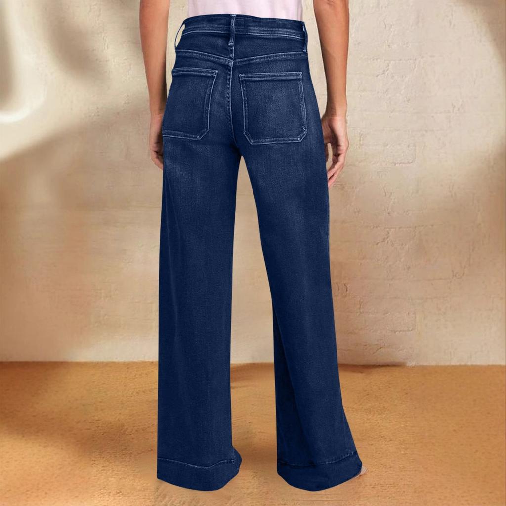 Women's Fashionable Solid Color Lace Pocket Straight Wide Leg Jeans