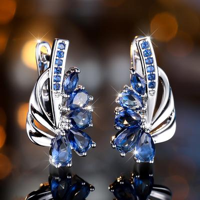 Изысканные синие зеленые серьги-кольца с цирконием для женщин, серебряные висячие серьги с цветком, элегантные вечерние украшения