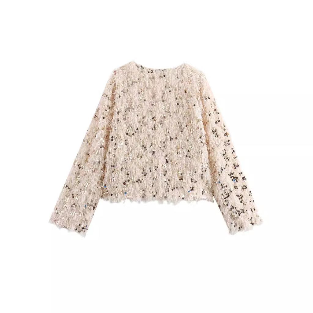 Short Feather Sequins Knitted Cardigan Women Temperament Elegant Round Neck Long-sleeved Jacket