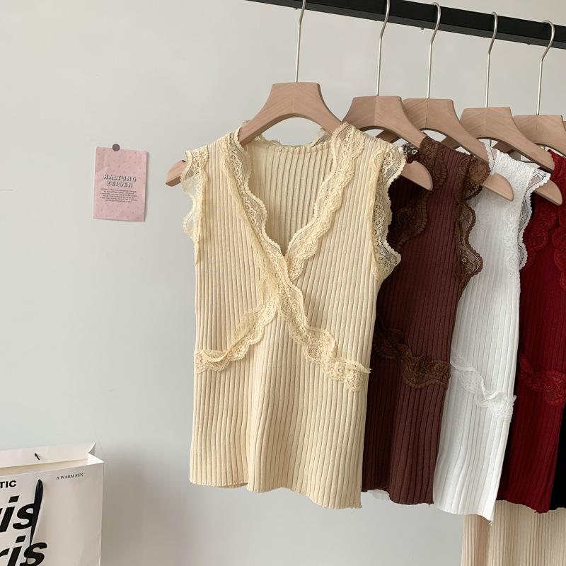 Летний новый сексуальный кружевной жилет-халтер для женщин, верхняя часть с V-образным вырезом, шелковый утягивающий трикотаж