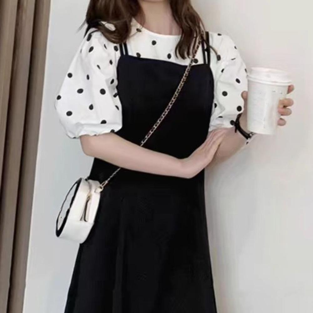A-line Suspenders Dresses Women Dot T shirt Dress All-match Two Piece Set Dress Student