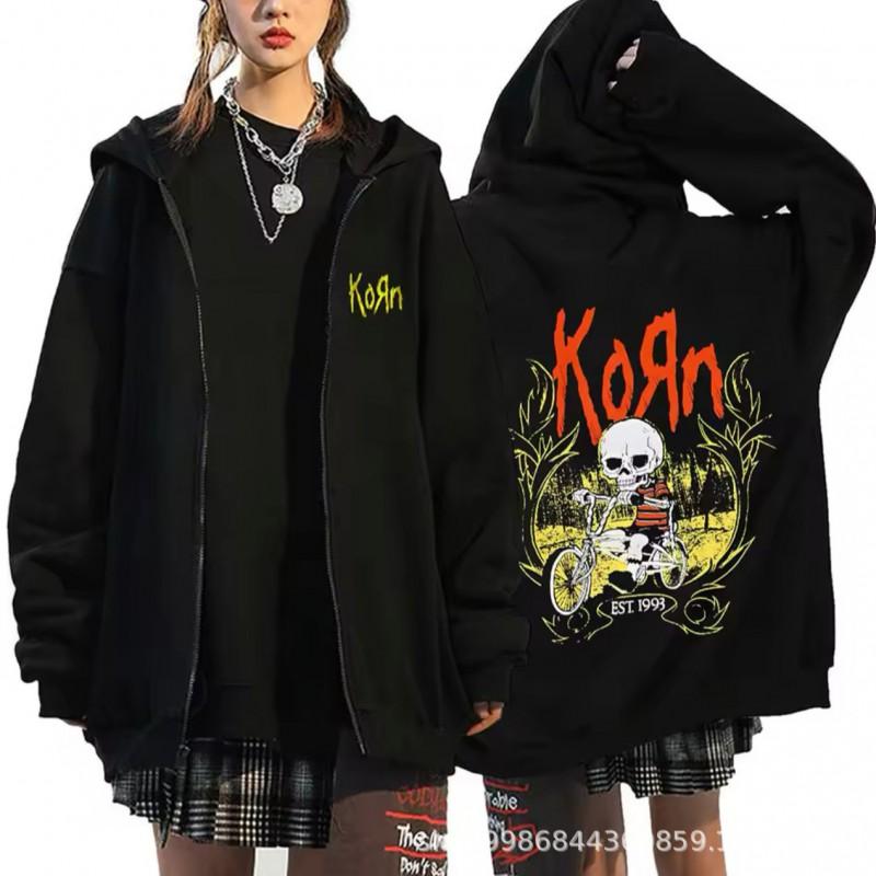 Long Sleeve Unisex Korn Band Graphic Zip Up Hoodie Casual Loose Fit Sweatshirt