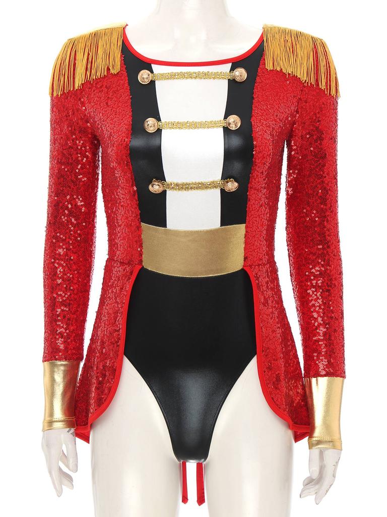 Womens Circus Ringmaster Cosplay Bodysuit Long Sleeve Allover Sequin Tail Jumpsuit Halloween Festival Costumes