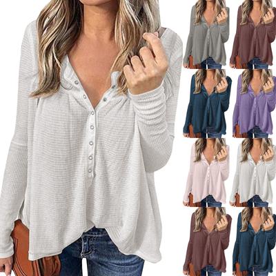 Женская мода, осенний свободный повседневный топ с длинным рукавом и воротником на пуговицах