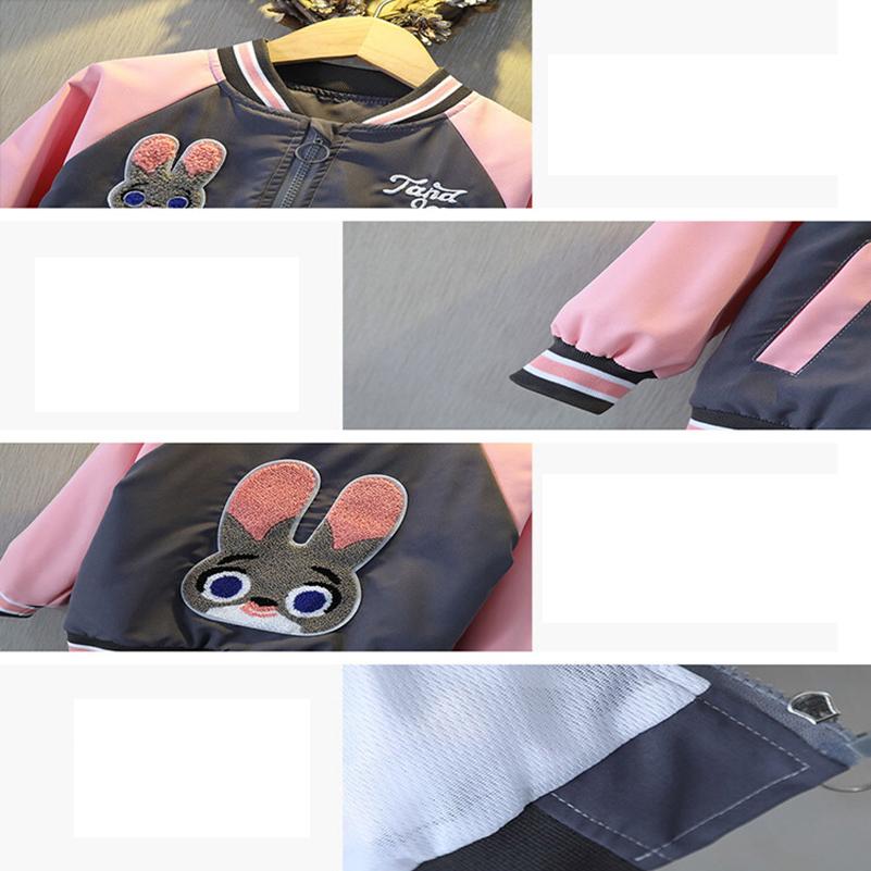 Детская одежда на весну и осень, бейсбольная куртка для девочек и детское пальто для отдыха с принтом кролика, длинными рукавами, стоячим воротником, на молнии
