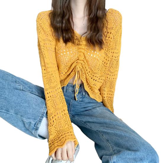 Women Cover Up Tops V-Neck Drawstring Design Long Sleeve Pullover Tops Solid Color Loose Fit Hollow Design Sunscreen Cover Up