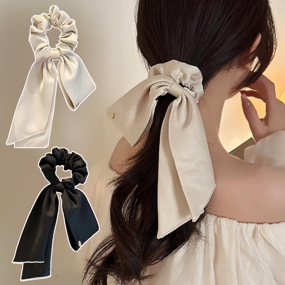 Satin Bowknot Elastic Hair Bands For Women Girls Pearl Solid Color Scrunchies French Hair Ties Hair Accessories Ponytail Holder