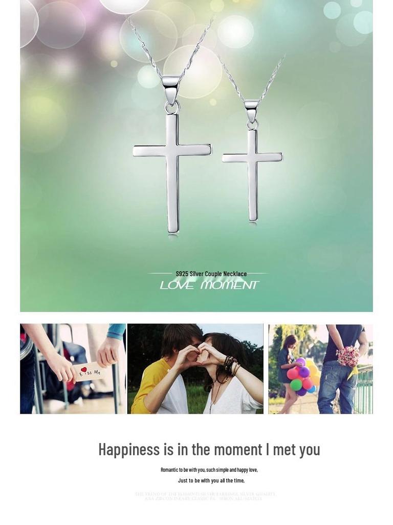 S925 Sterling Silver Smooth Cross Pendant Necklace for Men and Women - Versatile Long Sweater Chain