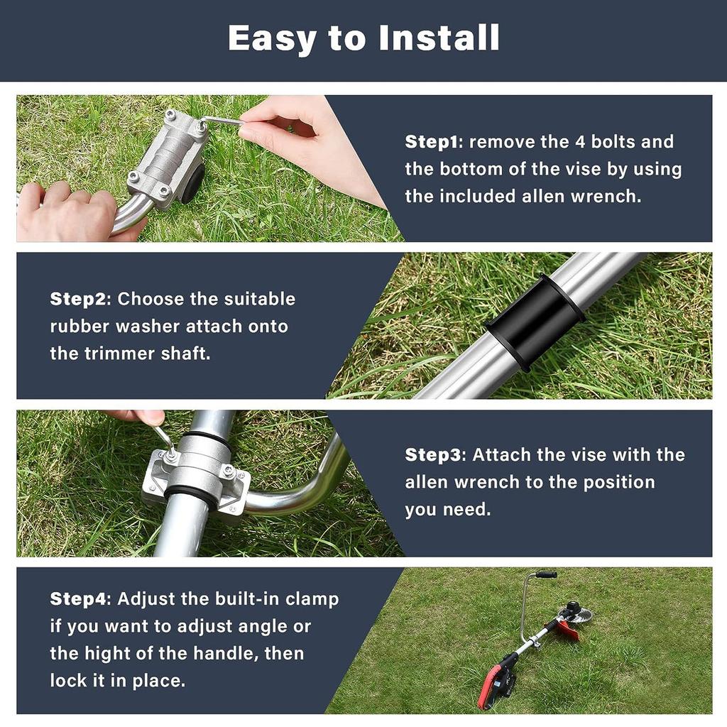 Эргономичная рукоятка триммера из нержавеющей стали. Удлинитель рукоятки триммера с фиксатором спины и кронштейном.