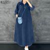 Women Casual Turn Down Collar 3/4 Sleeve Loose Shirt Dress