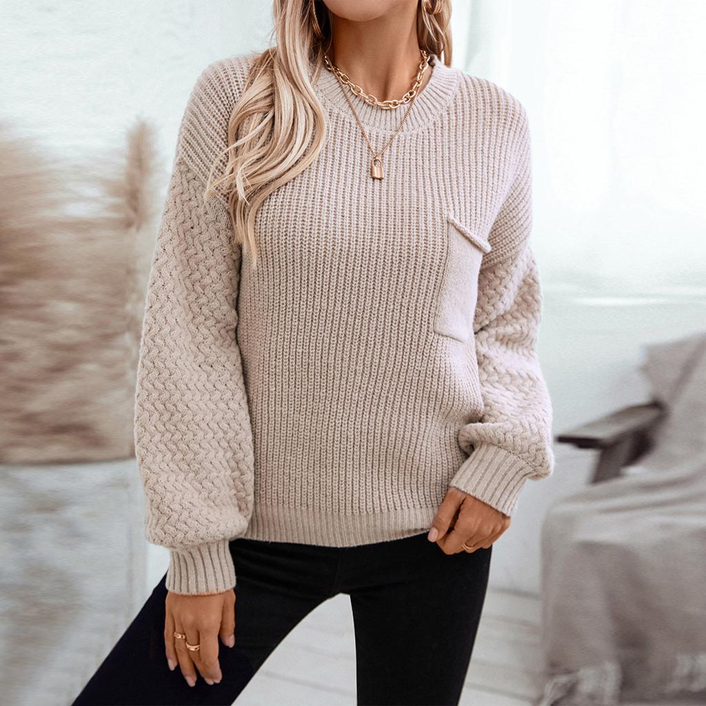 Женский модный повседневный свободный однотонный вязаный свитер с карманом, с длинным рукавом, удобный свитер-пуловер