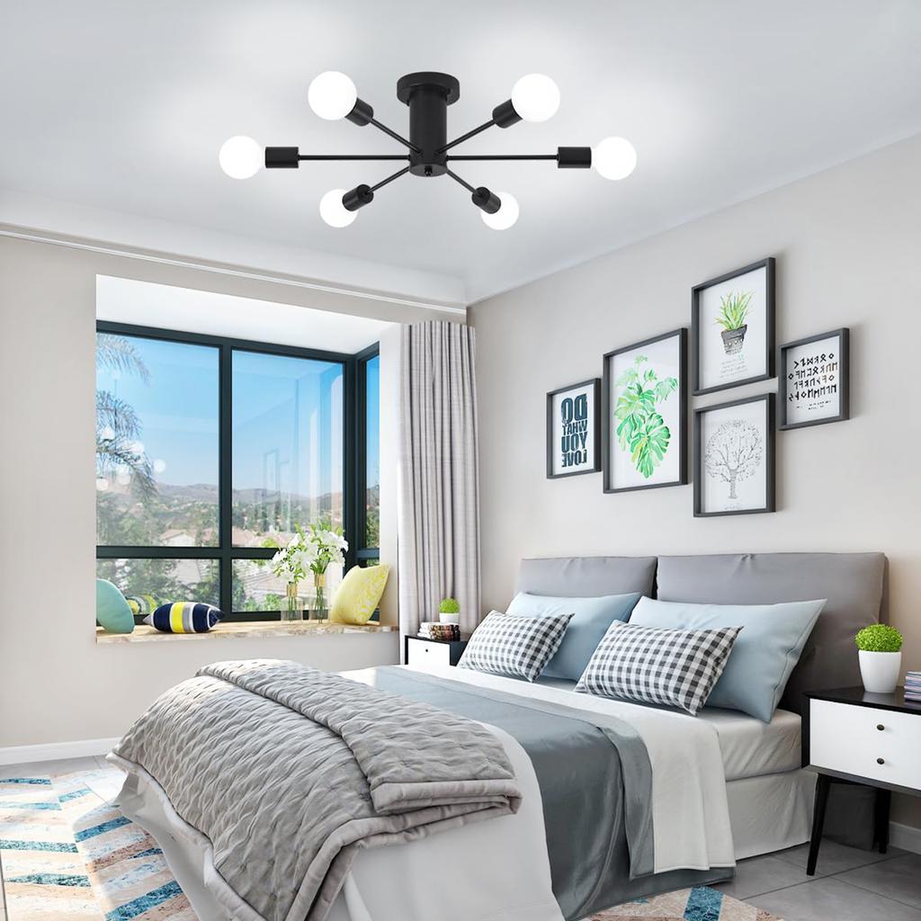6-Lights Modern Chandelier Ceiling Light Black Industrial Semi Flush Mount Celing Light Fixture for