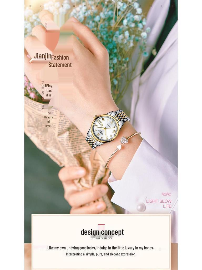 Женские минималистичные водонепроницаемые часы со швейцарскими стразами, двойным календарем, люминесцентным циферблатом и стальным браслетом.