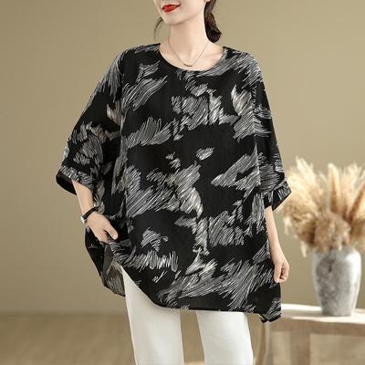 Летняя новая художественная футболка большого размера с круглым вырезом и рукавом три четверти