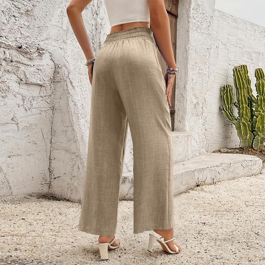 Women's Elastic High Waist Trousers Wide Leg Casual Loose Long Pants With Pocket