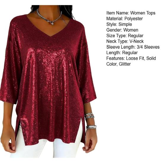 Женские топы V-образный вырез 45720 рукава свободный крой пуловер топы однотонный свободный крой глянцевый дизайн повседневный