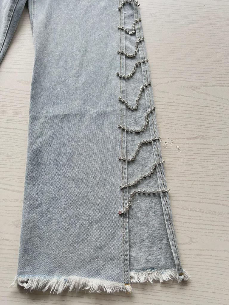 Women's Spring/Summer Loose Mid-Waist Wide-Leg Jeans with Diamond Stitching and Side Cut-Outs