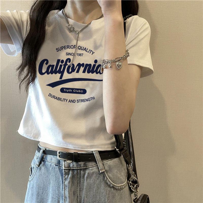 Women's Slim Fit White Letter Cotton T-Shirt - 2024 Summer Trend