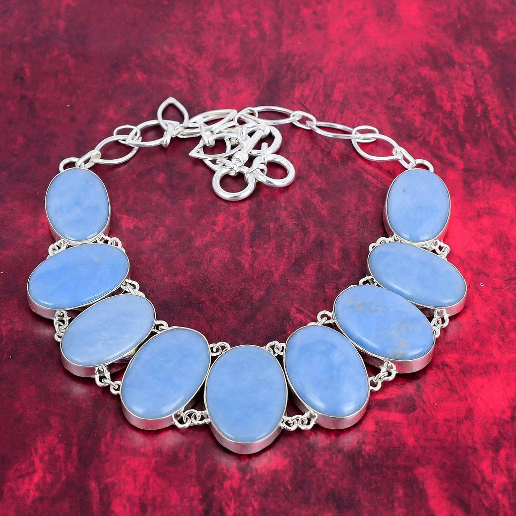 Комплект ювелирных изделий из стерлингового серебра 925 пробы Angelite, комплект ожерелья и браслета ручной работы для нее, красивые украшения из драгоценных камней для свадебного подарка