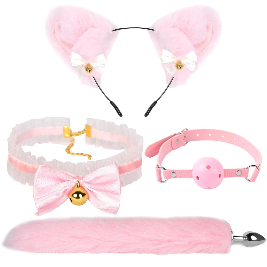 SM Fox Tail Three-Piece Set: Anal Plug, Collar & Nipple Clamps - Adult Toys for Women